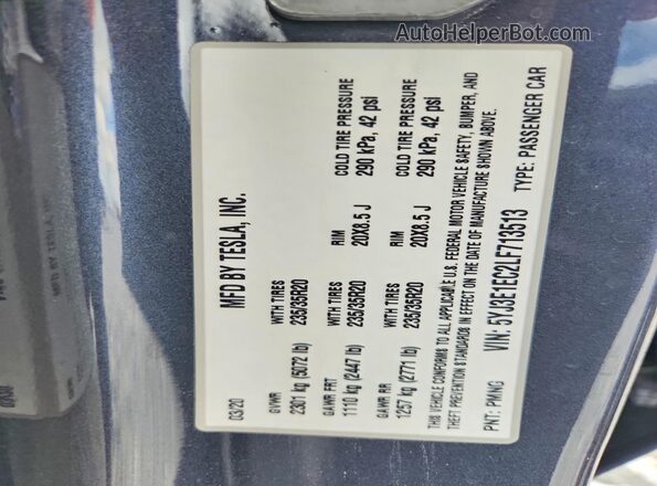 5YJ3E1EC2LF713513 2020 TESLA MODEL Gray Vista del compartimento del motor