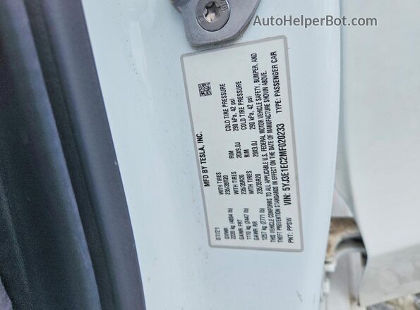 5YJ3E1EC2MF020233 2021 TESLA MODEL White Вид підкапотного простору
