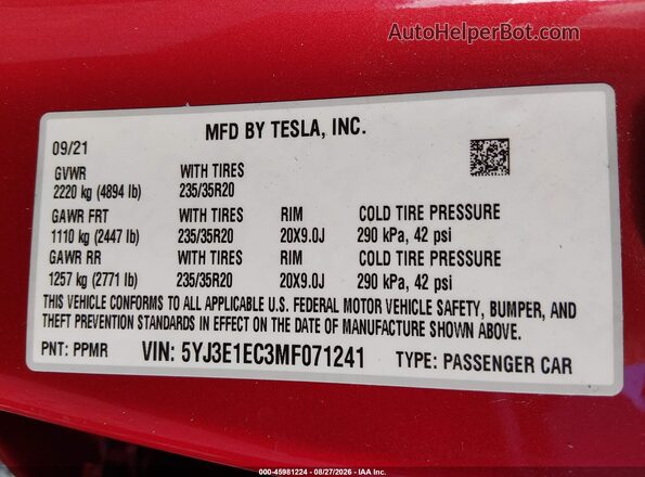 5YJ3E1EC3MF071241 2021 TESLA MODEL 3 Red Widok komory silnika