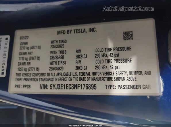 5YJ3E1EC3NF176895 2022 TESLA MODEL 3 Dark Blue Вид підкапотного простору