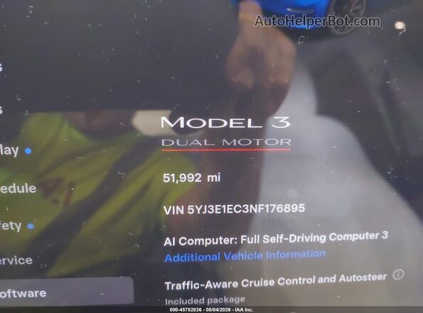 5YJ3E1EC3NF176895 2022 TESLA MODEL 3 Dark Blue Панорамний вид салону 360°