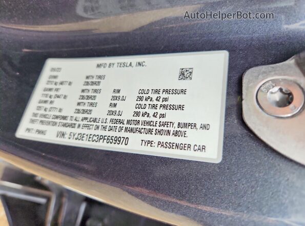 5YJ3E1EC3PF659970 2023 TESLA MODEL Gray Widok naklejki z numerem VIN