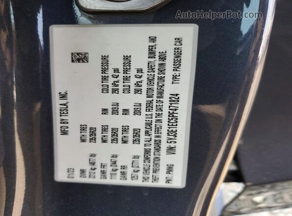 5YJ3E1EC5PF471824 2023 TESLA MODEL Серый Вид подкапотного пространства