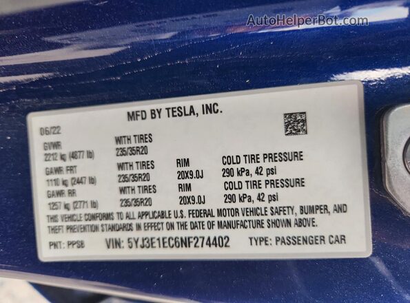 5YJ3E1EC6NF274402 2022 TESLA MODEL Blue Widok naklejki z numerem VIN