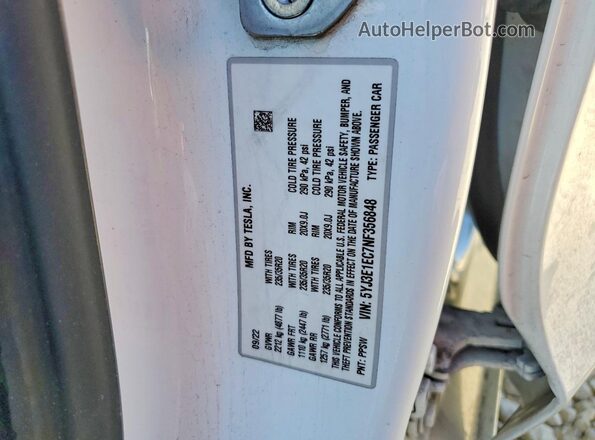 5YJ3E1EC7NF356848 2022 TESLA MODEL White VIN კოდის სტიკერის ხედი