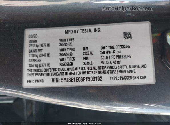 5YJ3E1EC8PF503102 2023 TESLA MODEL 3 Gray Вид підкапотного простору