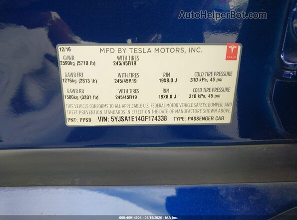 5YJSA1E14GF174338 2016 TESLA MODEL S Blue Вид підкапотного простору
