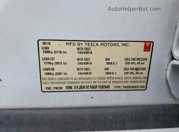 5YJSA1E16GF158948 2016 TESLA MODEL White VIN կոդի պիտակի տեսք