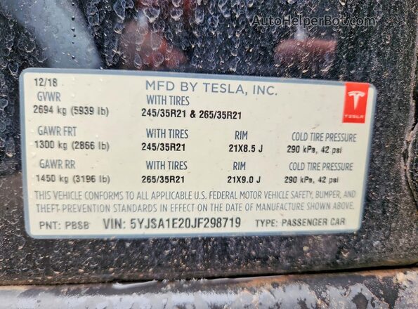 5YJSA1E20JF298719 2018 TESLA MODEL S Black Widok wnętrza 360 stopni