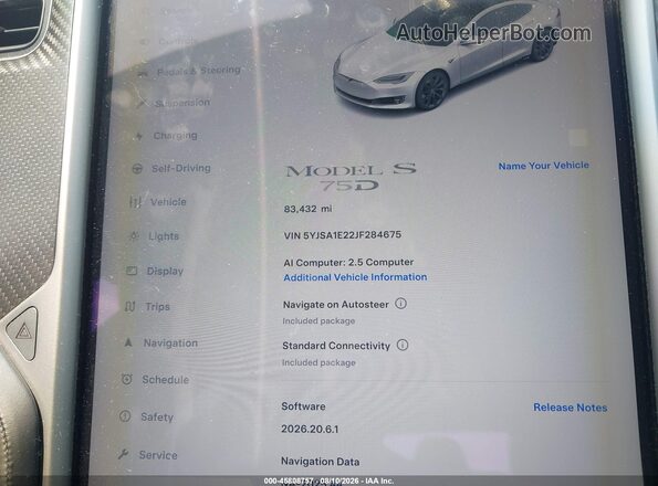 5YJSA1E22JF284675 2018 TESLA MODEL S 75D AWD White Widok tylnych siedzeń