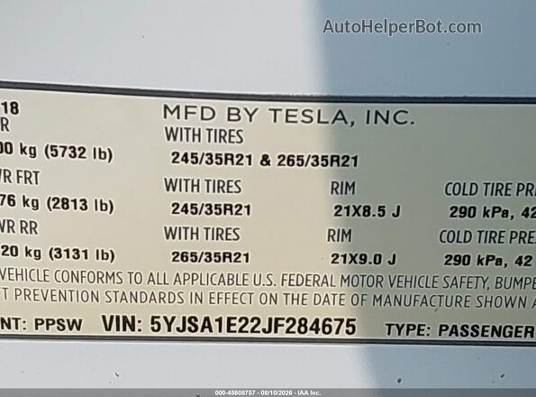 5YJSA1E22JF284675 2018 TESLA MODEL S 75D AWD White Widok komory silnika