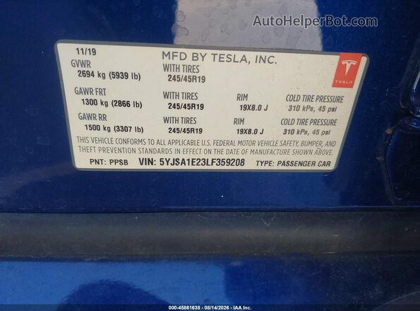5YJSA1E23LF359208 2020 TESLA MODEL S Blue Vista del compartimento del motor
