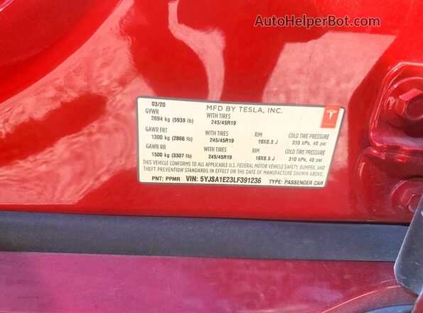 5YJSA1E23LF391236 2020 TESLA MODEL Red Vista de la etiqueta del VIN