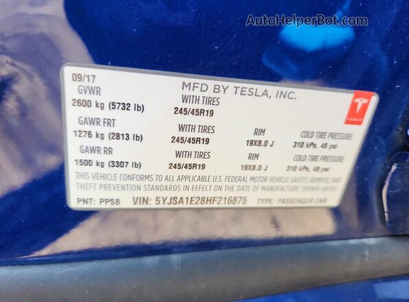 5YJSA1E28HF216875 2017 TESLA MODEL Синий Вид подкапотного пространства