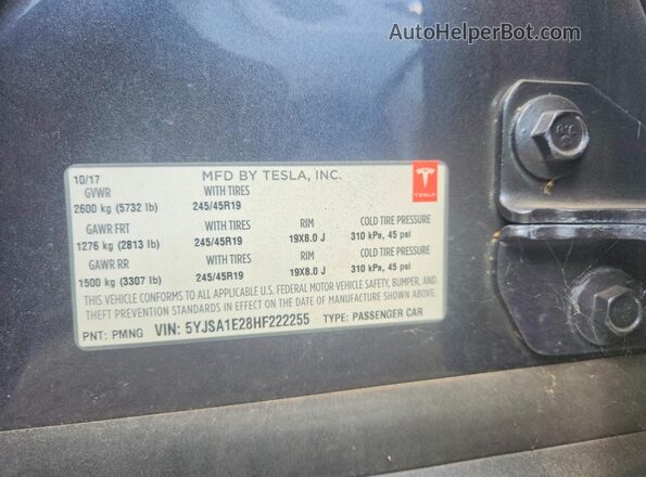 5YJSA1E28HF222255 2017 TESLA MODEL Gray Շարժիչի բաժամունքի տեսք