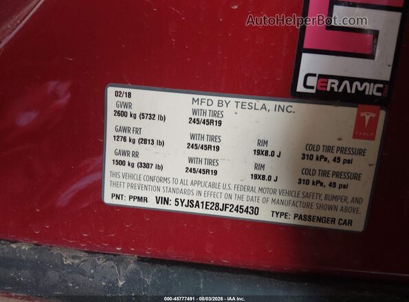5YJSA1E28JF245430 2018 TESLA MODEL S Red ძრავის განყოფილების ხედი