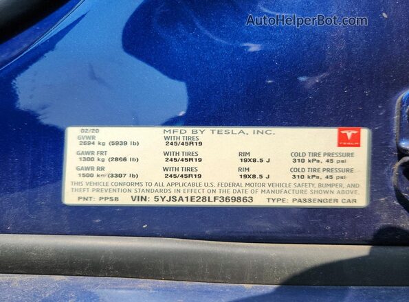 5YJSA1E28LF369863 2020 TESLA MODEL Blue Widok komory silnika