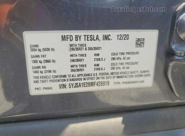 5YJSA1E28MF426919 2021 TESLA MODEL Gray ძრავის განყოფილების ხედი