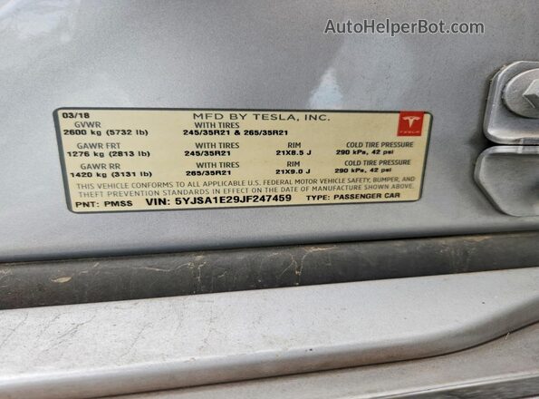 5YJSA1E29JF247459 2018 TESLA MODEL Silver 