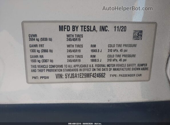 5YJSA1E29MF424662 2021 TESLA MODEL S White Вид підкапотного простору