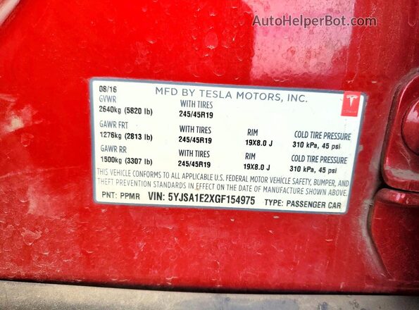5YJSA1E2XGF154975 2016 TESLA MODEL Red 