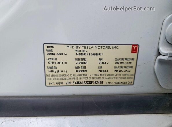 5YJSA1E2XGF162459 2016 TESLA MODEL White VIN sticker view