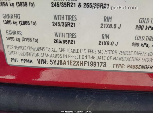 5YJSA1E2XHF199173 2017 TESLA MODEL S Red ძრავის განყოფილების ხედი