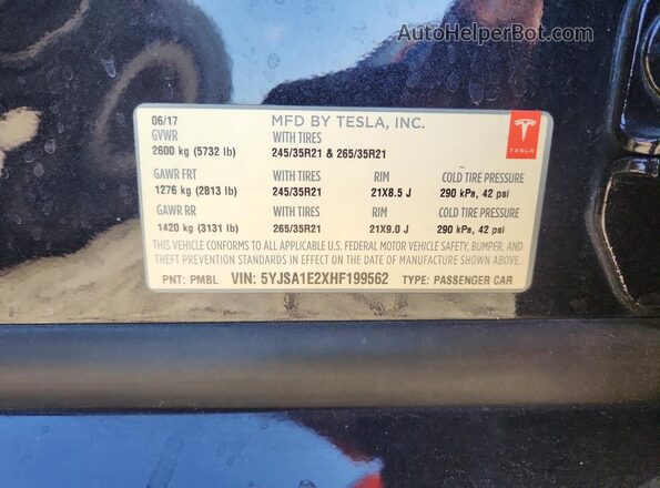 5YJSA1E2XHF199562 2017 TESLA MODEL S Black 