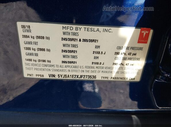5YJSA1E2XJF273536 2018 TESLA MODEL S Blue ძრავის განყოფილების ხედი
