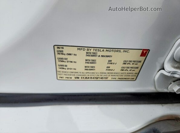 5YJSA1E47GF145197 2016 TESLA MODEL White VIN კოდის სტიკერის ხედი