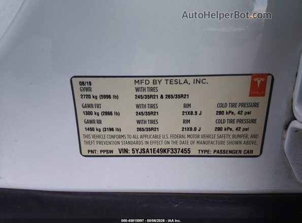 5YJSA1E49KF337455 2019 TESLA MODEL S White Շարժիչի բաժամունքի տեսք
