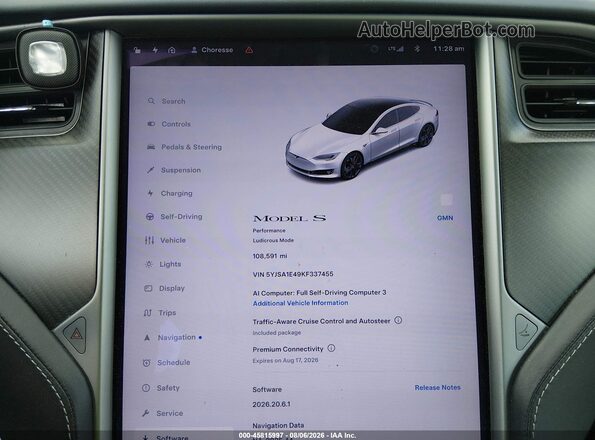 5YJSA1E49KF337455 2019 TESLA MODEL S White Հետևի նստատեղերի տեսք