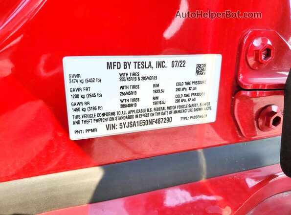 5YJSA1E50NF487290 2022 TESLA MODEL Red VIN კოდის სტიკერის ხედი