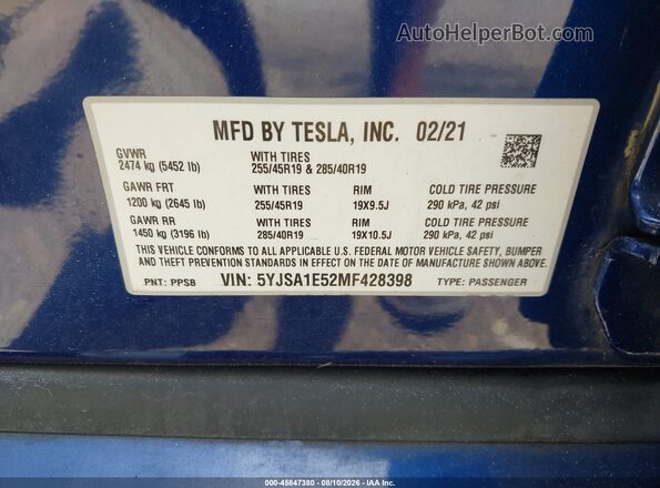 5YJSA1E52MF428398 2021 TESLA MODEL S Blue ძრავის განყოფილების ხედი