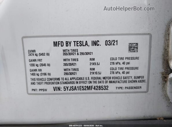 5YJSA1E52MF428532 2021 TESLA MODEL S White Շարժիչի բաժամունքի տեսք