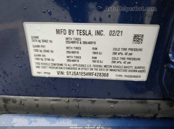 5YJSA1E54MF428368 2021 TESLA MODEL S Blue Вид підкапотного простору