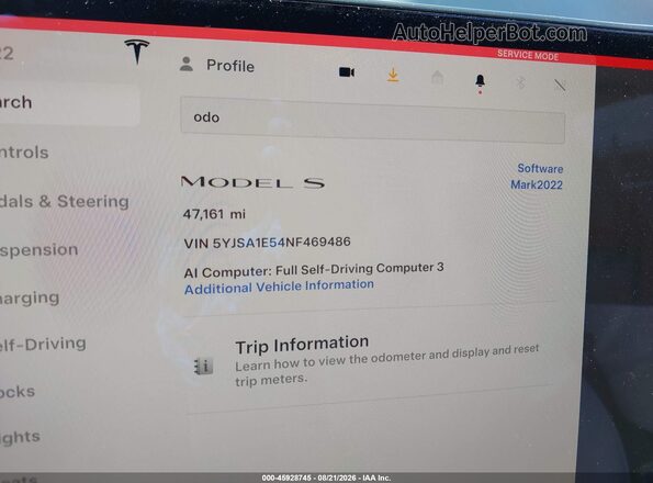 5YJSA1E54NF469486 2022 TESLA MODEL S Черный Вид задних сидений