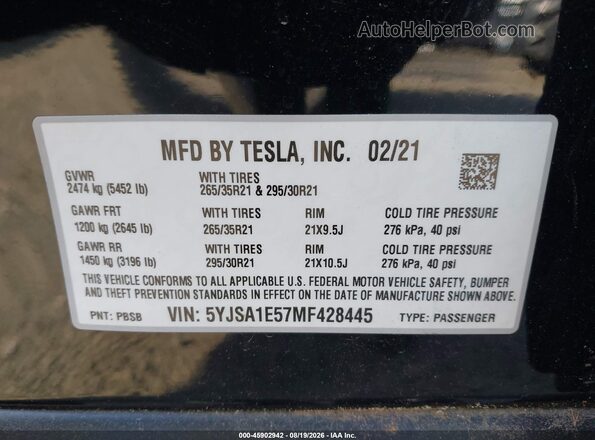 5YJSA1E57MF428445 2021 TESLA MODEL S Black ძრავის განყოფილების ხედი