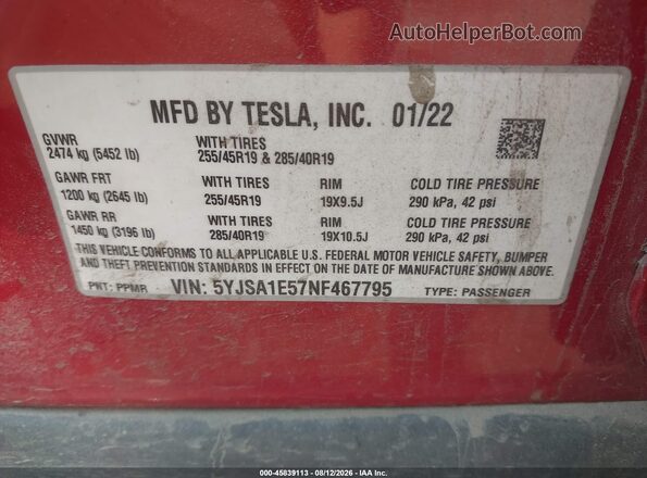 5YJSA1E57NF467795 2022 TESLA MODEL S Red Widok komory silnika