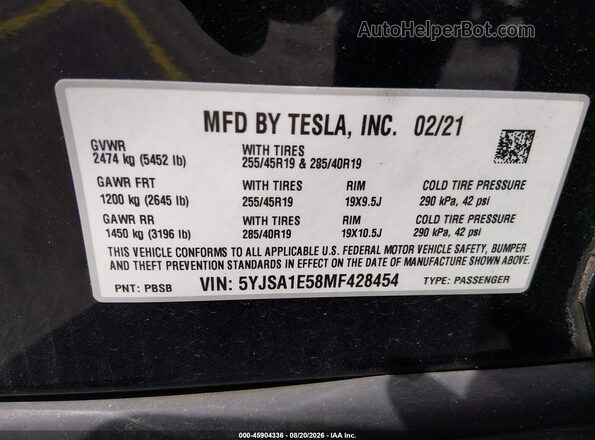 5YJSA1E58MF428454 2021 TESLA MODEL S Black Вид підкапотного простору