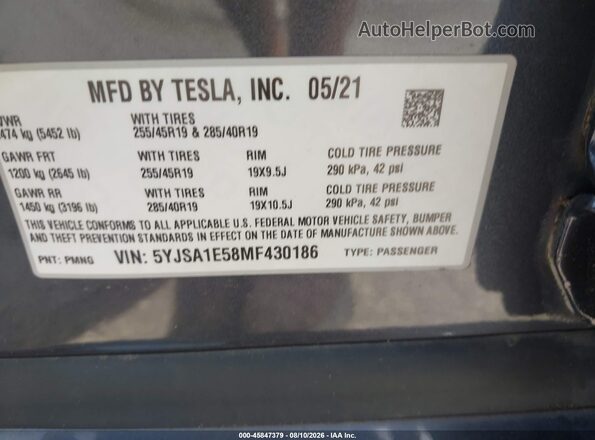 5YJSA1E58MF430186 2021 TESLA MODEL S Gray ძრავის განყოფილების ხედი