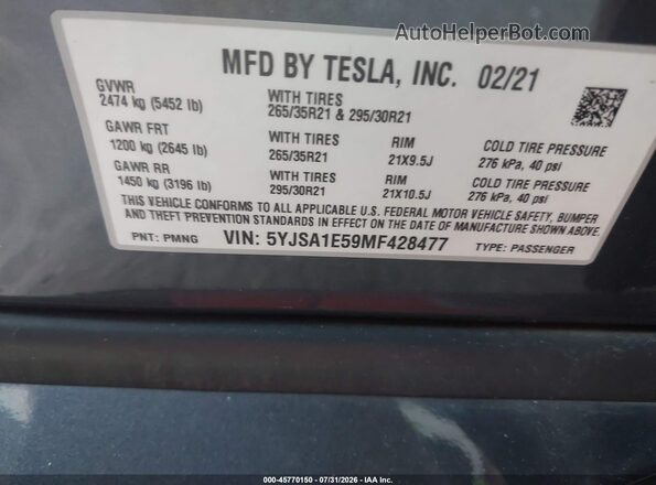 5YJSA1E59MF428477 2021 TESLA MODEL S Белый Вид подкапотного пространства