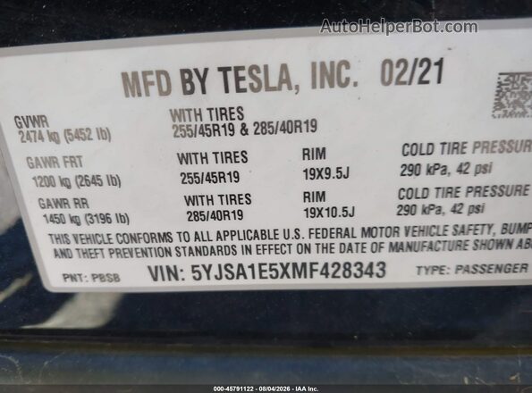 5YJSA1E5XMF428343 2021 TESLA MODEL S Черный Вид подкапотного пространства