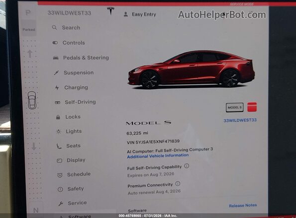 5YJSA1E5XNF471839 2022 TESLA MODEL S Red Widok tylnych siedzeń
