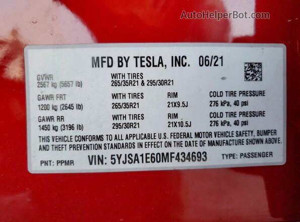 5YJSA1E60MF434693 2021 TESLA MODEL Красный Вид наклейки с VIN-кодом