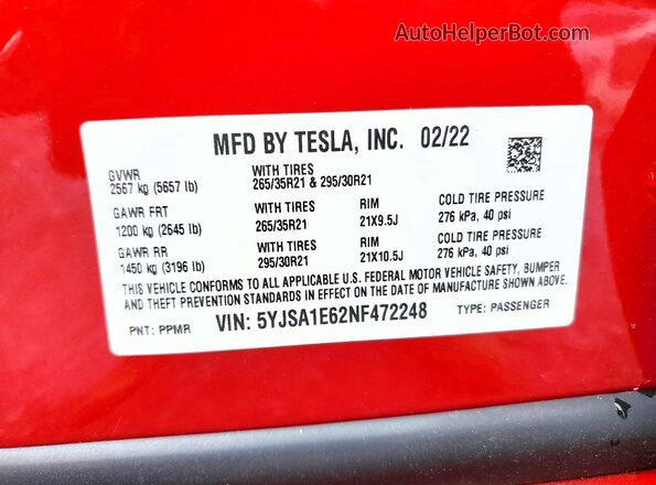 5YJSA1E62NF472248 2022 TESLA MODEL Красный Вид подкапотного пространства