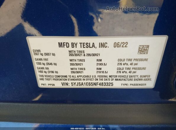 5YJSA1E65NF483325 2022 TESLA MODEL S Синий Вид подкапотного пространства