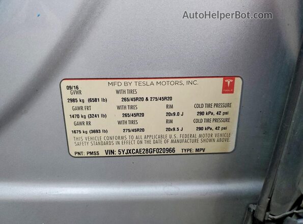 5YJXCAE28GF020966 2016 TESLA MODEL Silver Vista del compartimento del motor