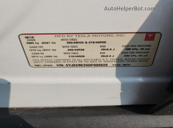 5YJXCBE25GF008828 2016 TESLA MODEL Белый Вид наклейки с VIN-кодом