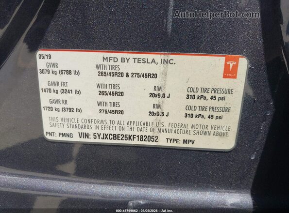5YJXCBE25KF182052 2019 TESLA MODEL X Серый Вид подкапотного пространства